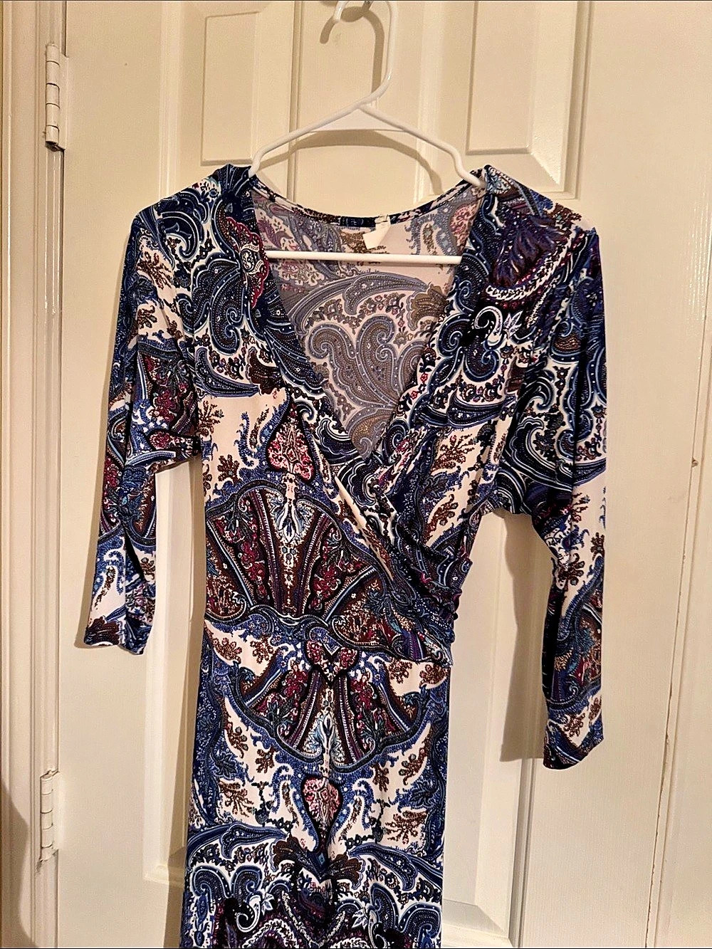 Paisley Wrap Midi Dress in Blue & White Like New